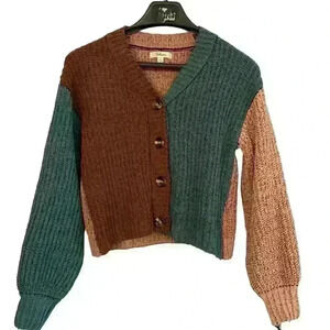 Takara Women Chunky Colorblock Cardigan Size S Brown Green Knit Fall Casual Cozy